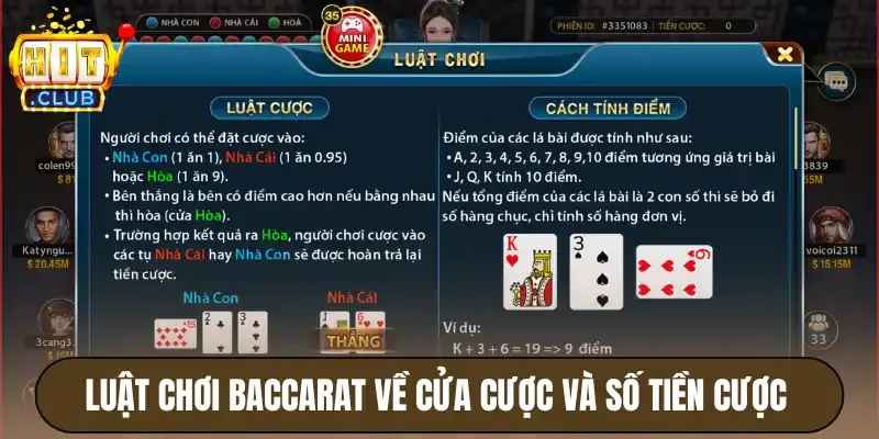 Baccarat Hitclub - Hướng Dẫn Người Mới Cách Chơi Từ A-Z 3 Luật chơi baccarat về cửa cược và số tiền cược
