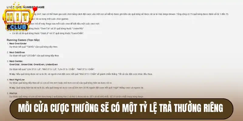 Number Game Hitclub - Game Số MD5 Có RTP Lên Đến 97% 4 Mỗi cửa cược thường sẽ có một tỷ lệ trả thưởng riêng